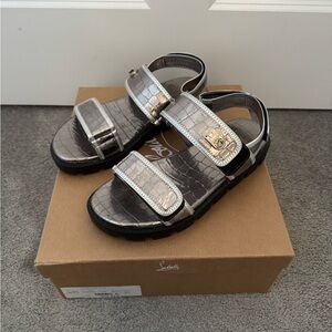 Christian Louboutin Lock Cool Flat Sandals in Silver and Black, Croc Pattern